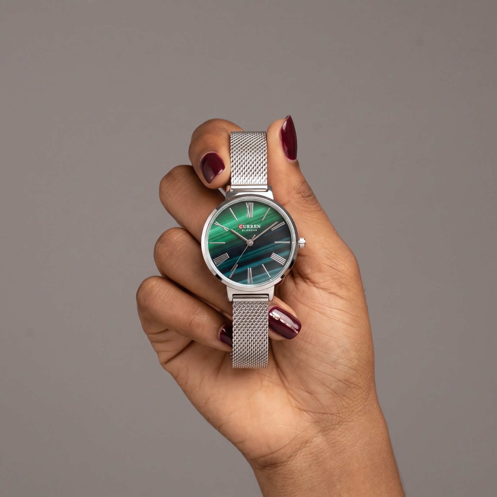 Curren Blanche Silver Mesh Green Dial Watch view 1