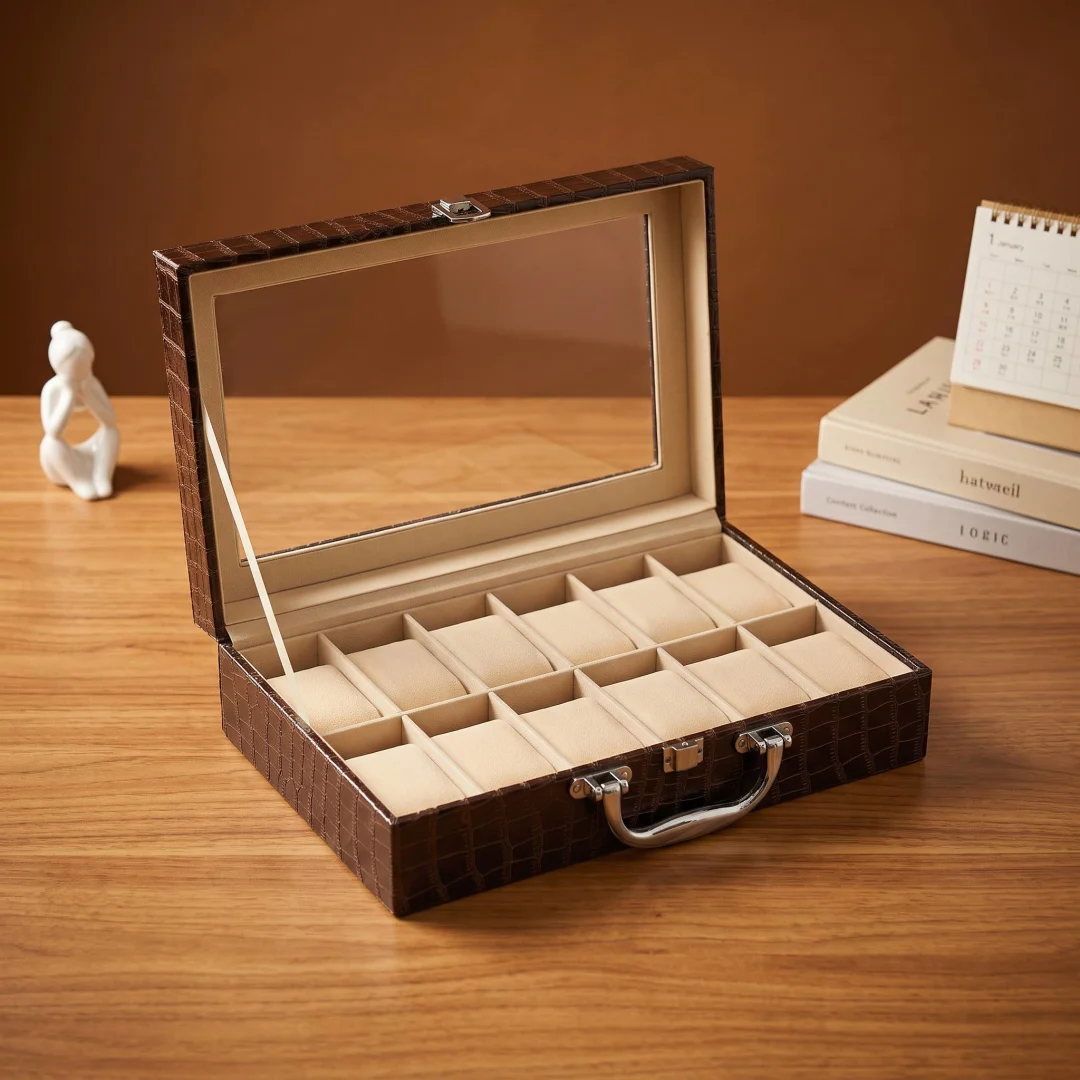 Brown Leather 12-Slot Watch Box