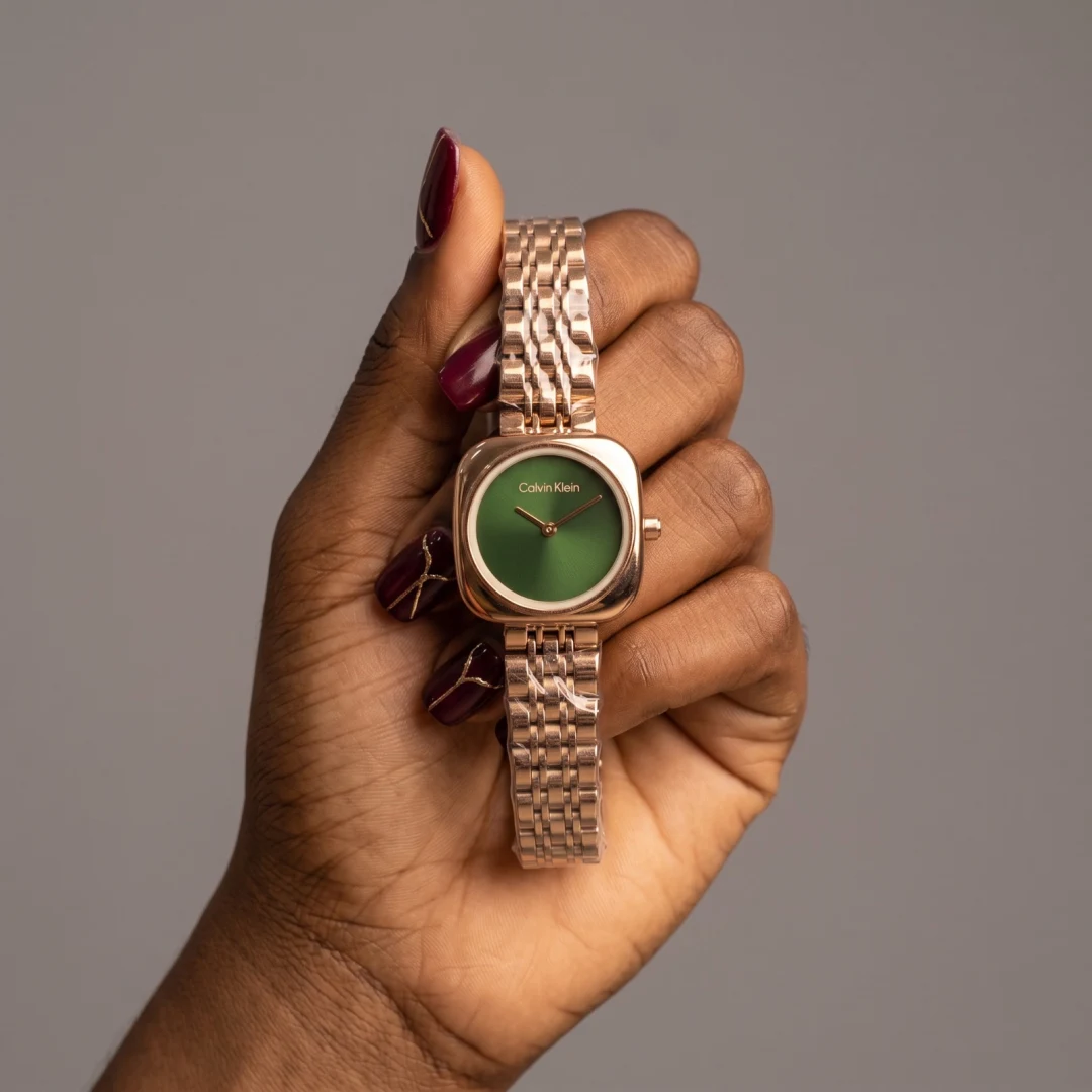 Calvin Klein Rose Gold-Tone Green Dial Cushion Case Bracelet Watch