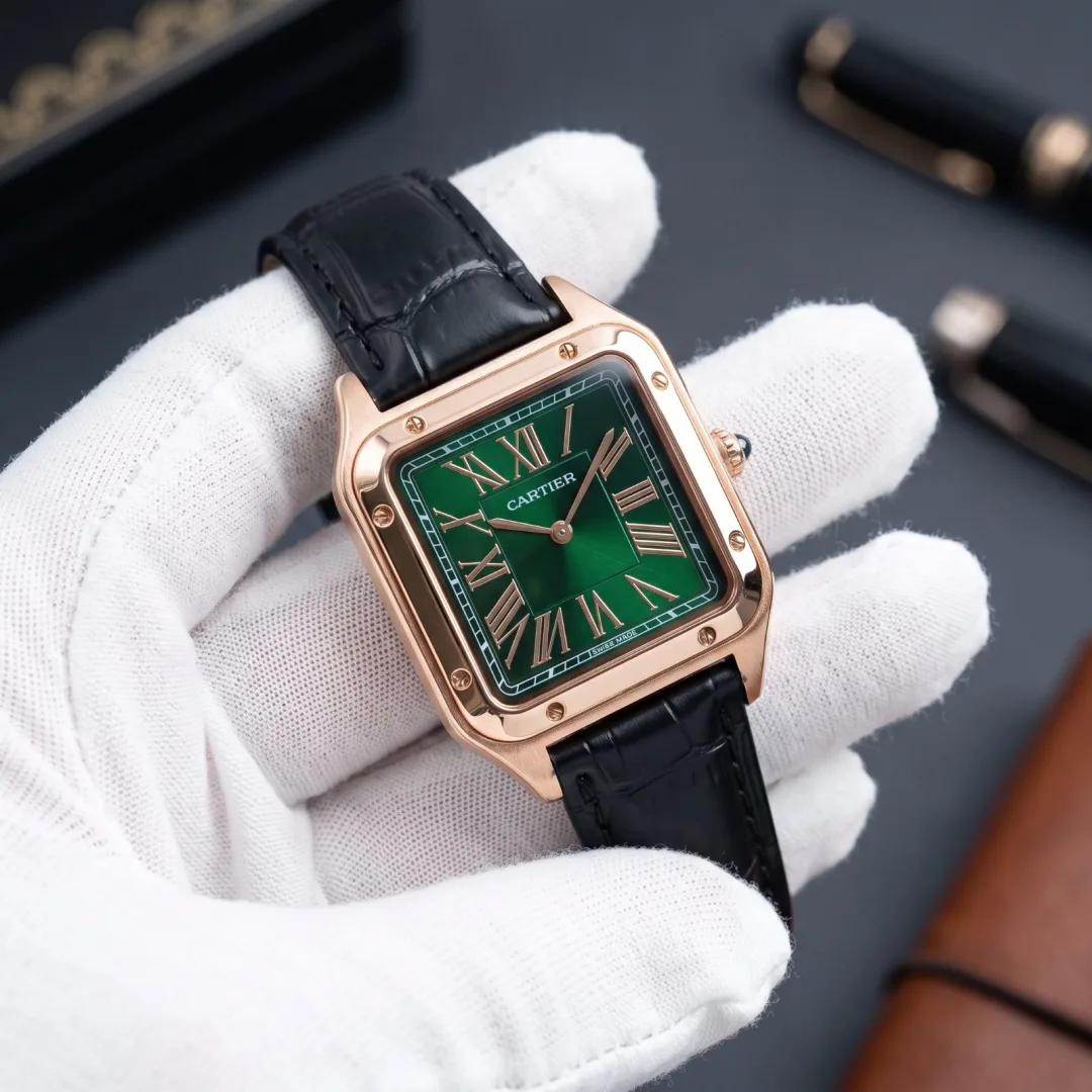 Cartier Santos-Dumont Rose Gold-Tone Green Dial Leather Strap Watch