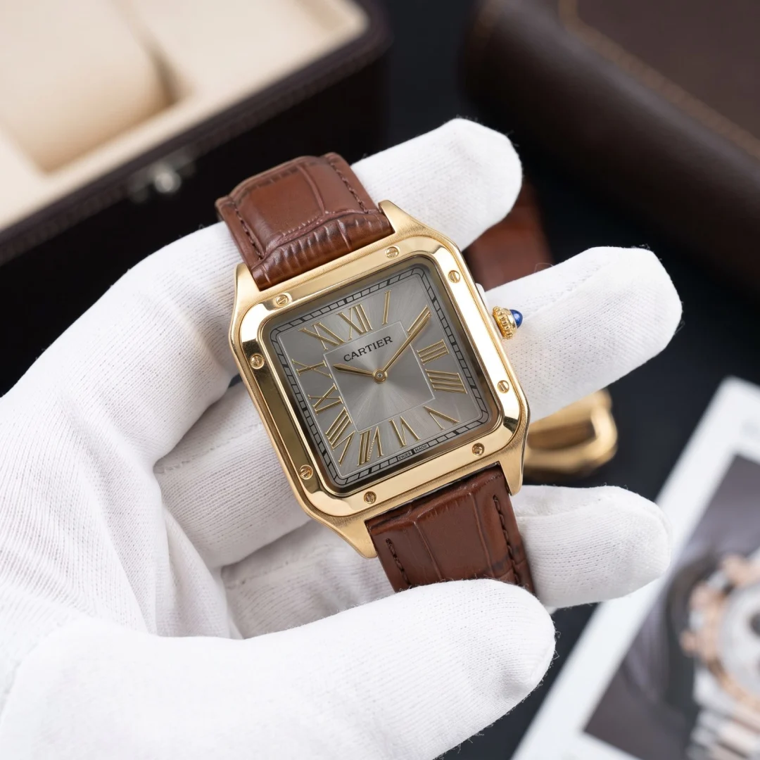 Cartier Santos-Dumont Gold-Tone Grey Dial Leather Strap Watch