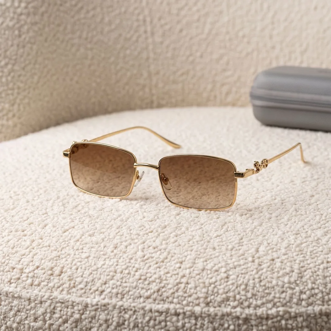 Cartier Gold-Tone Metal Rectangle Sunglasses with Floral Temple Detail