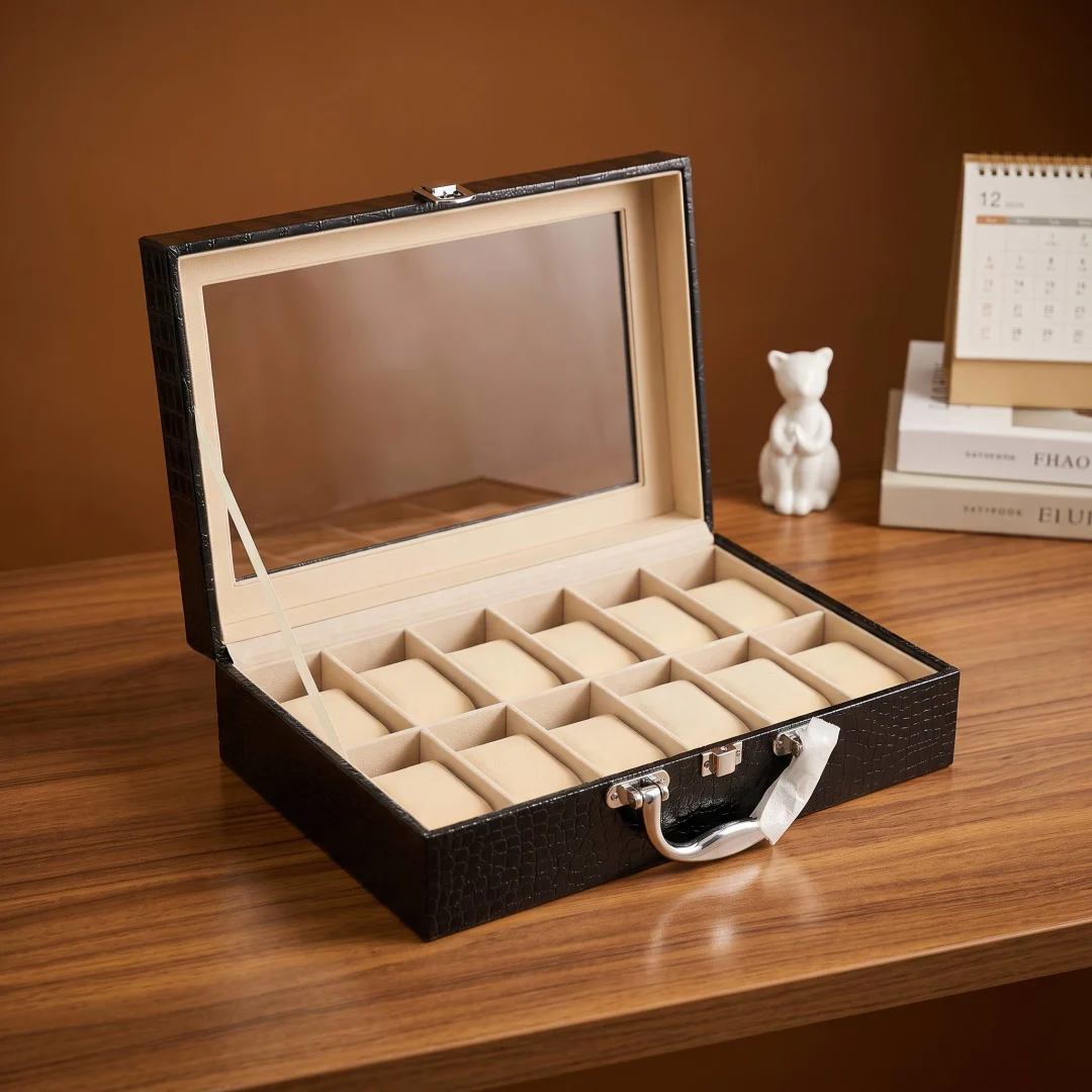 Black Leather 12-Slot Watch Box