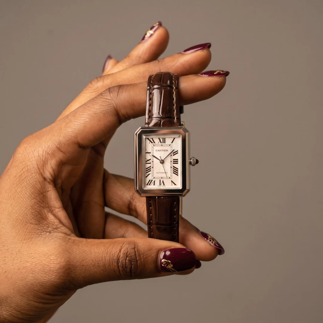 Cartier Rectangle Silver-Tone Leather Strap Watch