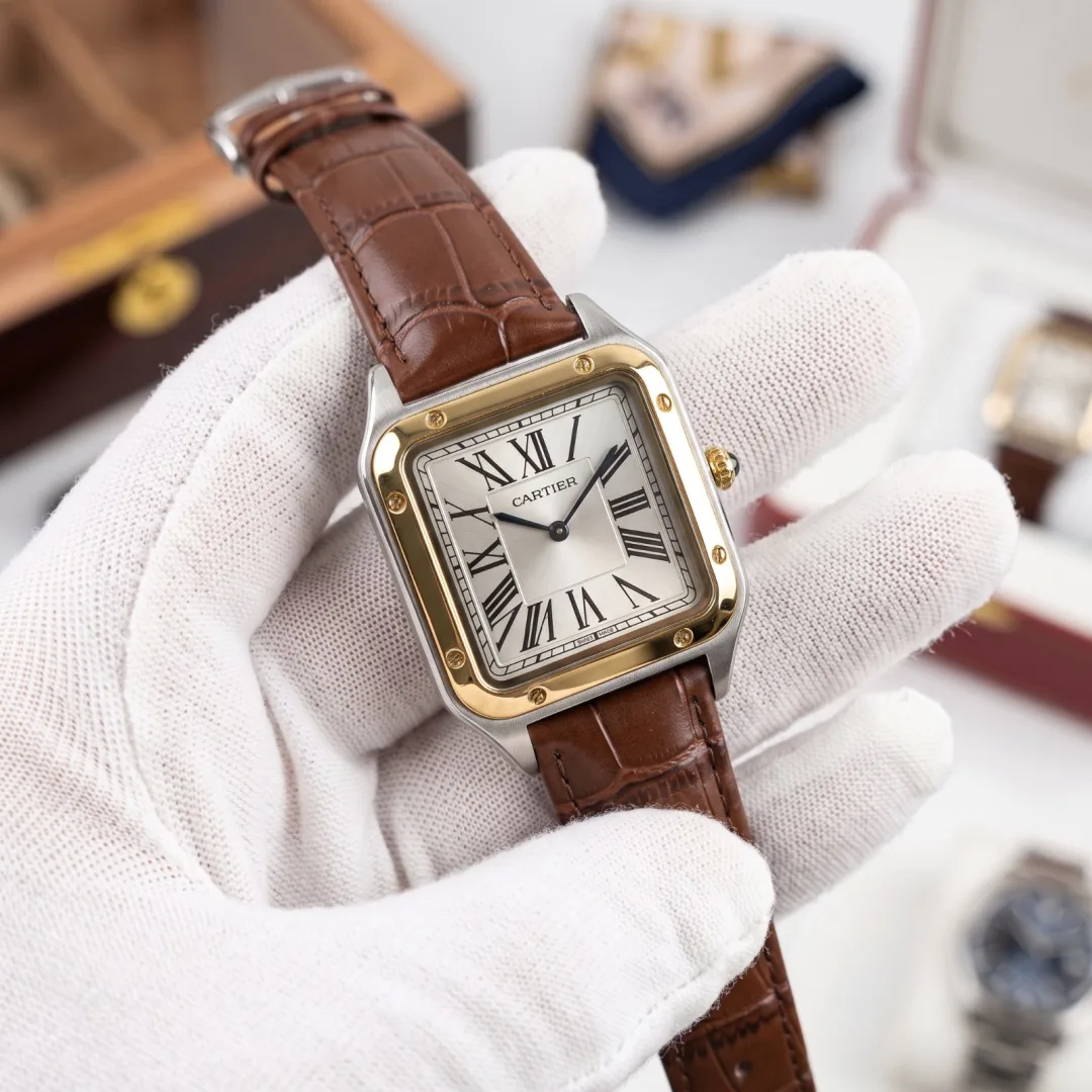 Cartier Santos-Dumont Two-Tone White Dial Leather Strap Watch