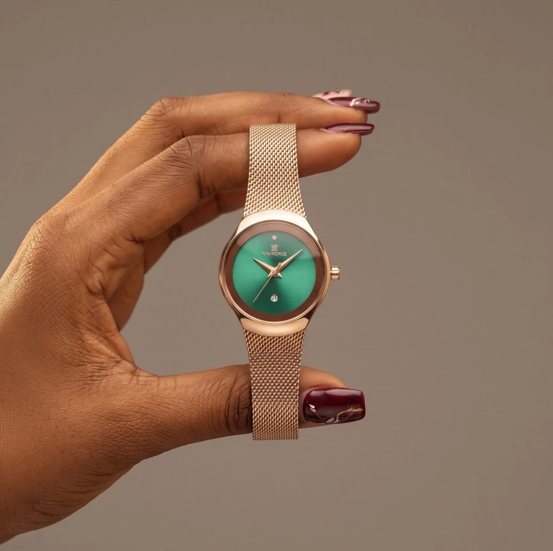 Naviforce Rose Gold Mesh Watch with Blue Dial